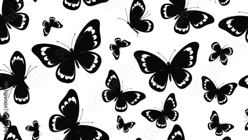 Seamless pattern of black butterfly silhouettes with white decorative wing details, perfect for spring nature backgrounds, elegant textiles, wrapping paper, and garden wallpapers.