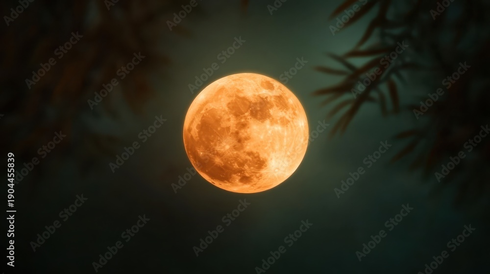 Fototapeta premium A radiant full moon brightly illuminating the night sky, surrounded by a soft atmospheric haze, creating a sense of wonder and tranquility in a stunning celestial display.