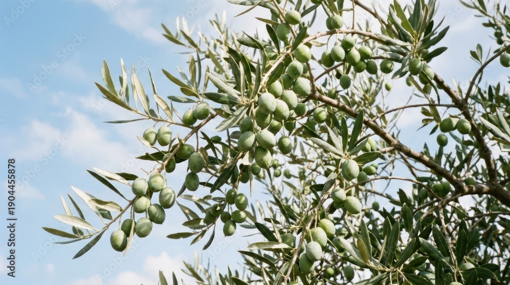 Fototapeta premium Fresh green olives hanging on branches against light blue sky