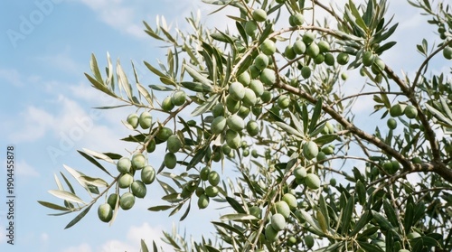 Wallpaper Mural Fresh green olives hanging on branches against light blue sky Torontodigital.ca