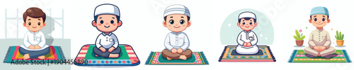 vector of little Muslim boy sitting smile on a prayer
