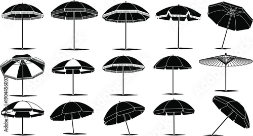 Set of beach umbrella silhouettes in various angles and designs, sunshade parasol icons for summer vacation travel, tropical coastal lifestyle vector 