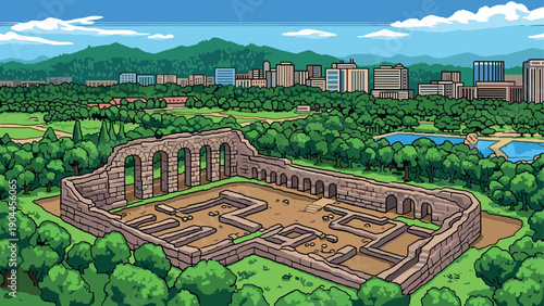 Pixel art ancient ruins with cityscape and forest background