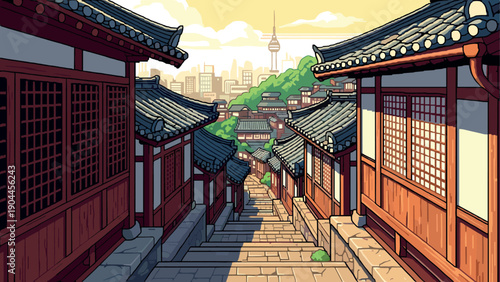 Pixel Art Traditional korean street with cityscape background in pixel art style