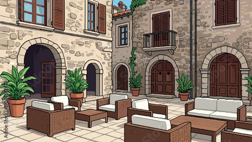 Pixel Art Cozy mediterranean courtyard with rustic stone architecture and outdoor seating