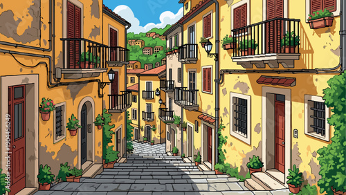 Pixel Art Charming mediterranean street with colorful buildings and scenic hillside view in pixel art style