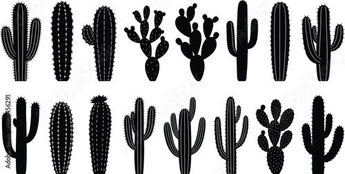 Set of black cactus silhouettes and desert plant icons, succulent collection with saguaro and prickly pear, Mexican nature vector illustration isolated on white,