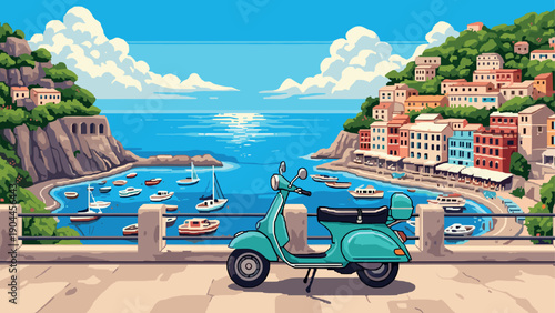 Pixel Art Vibrant coastal town with scooter by the mediterranean sea
