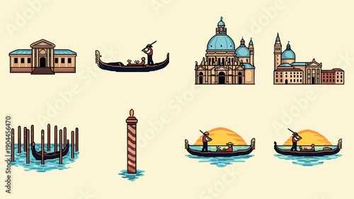 Pixel Art Retro pixel art venice: gondolas, architecture, and scenic landmarks
