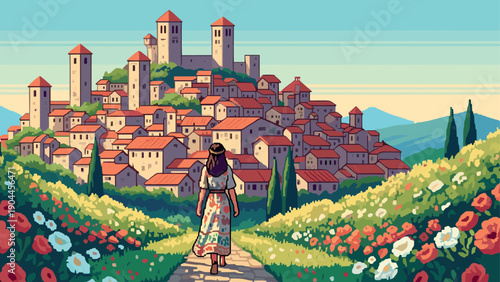 Pixel Art Charming pixel art village with woman walking on path through floral fields