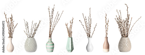 Collage of vases with willow branches on white background