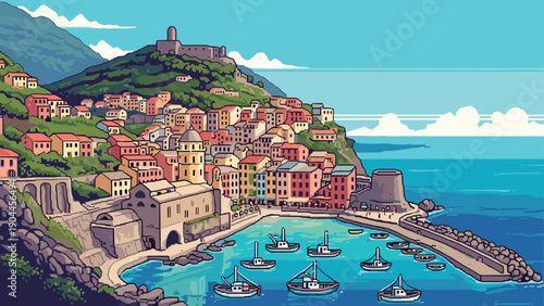 Pixel Art Charming coastal village in vibrant pixel art style with boats and hillside buildings