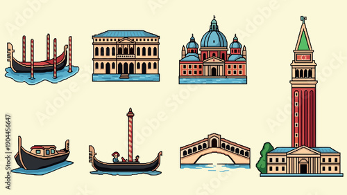 Pixel Art Iconic landmarks of venice in detailed retro style