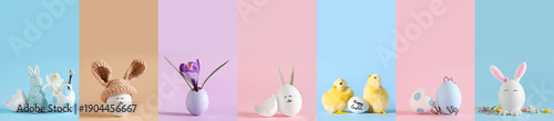 Collage of Easter eggs, chi...
