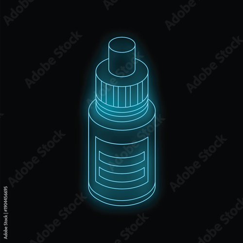 Isometric neon blue glowing icon of a medicine bottle with blank label on a black background