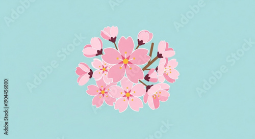 Pink cherry blossoms cluster on light blue background floral arrangement with vibrant pink petals and yellow centers