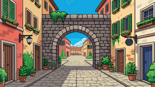 Pixel Art Charming medieval town street with stone archway and colorful buildings