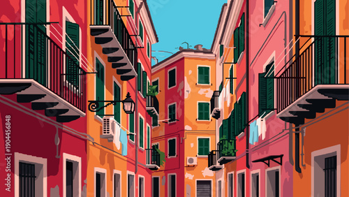Pixel Art Vibrant italian street with colorful buildings and shutters