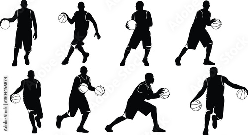 Basketball player silhouettes in action poses, sports athlete movement concept, dribbling shooting running poses, black vector illustration set