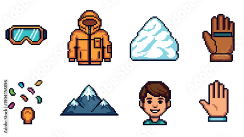 Pixel art winter icons set: jacket, snow, mountains, goggles, gloves, smile