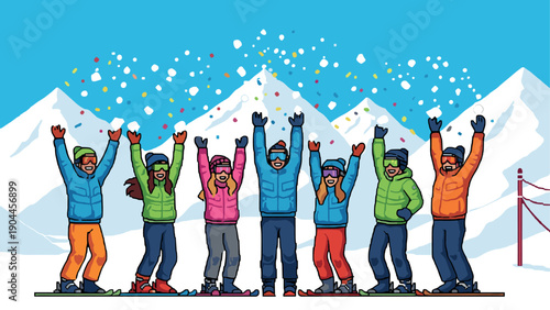 Pixel Art Celebrating winter sports in vibrant pixel art on a snowy mountain