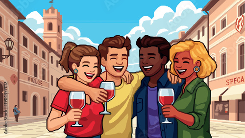 Pixel art friends enjoying wine in italian street scene