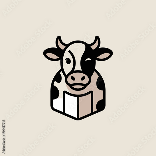 Smiling cow head logo design with milk packaging element