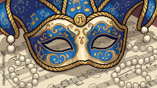 Pixel Art Elegant carnival mask on musical score with pearls in vintage pixel art style