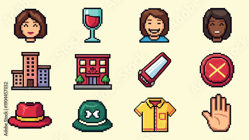 Pixel art icons with people, objects, and buildings in retro style