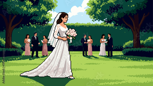 Pixel art wedding scene with bride and guests in garden setting