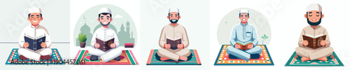 vector of father sitting on a prayer mat reading the Koran