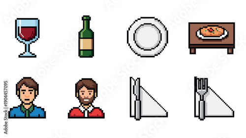 Pixel art culinary icons set featuring wine, food, and dining elements