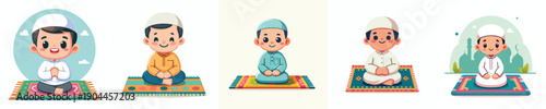 vector of little Muslim boy sitting smile on a prayer