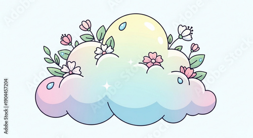 Whimsical pastel cloud adorned with vibrant flowers and lush green leaves on white background evoking happiness and serenity in a dreamy atmosphere