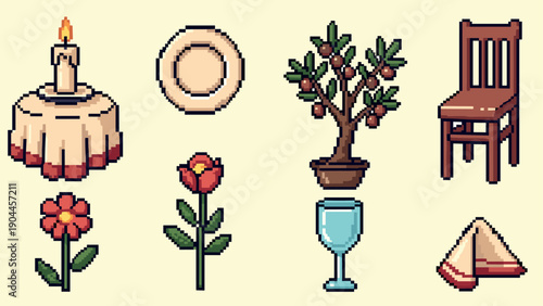 Pixel Art Vintage pixel art set featuring dining elements and plants in retro style