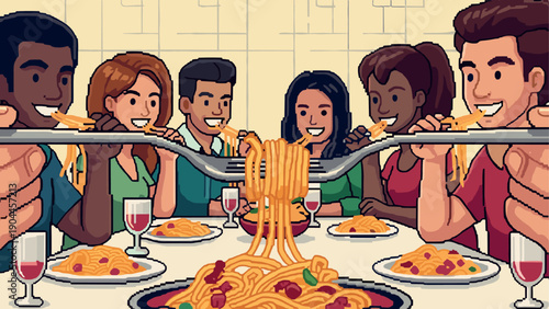 Pixel Art Friends sharing a meal of spaghetti in a pixel art style