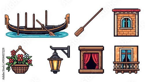 Pixel Art Venetian pixel art collection: gondola, flowers, and architectural details