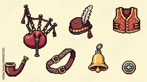 Pixel Art Colorful pixel art of traditional scottish accessories on cream background