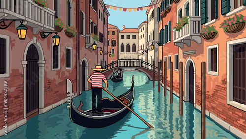 Pixel Art Charming gondola ride through a picturesque venice canal in pixel art style