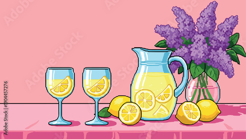 Pixel Art Refreshing lemonade with lilacs on pink background in retro pixel art style