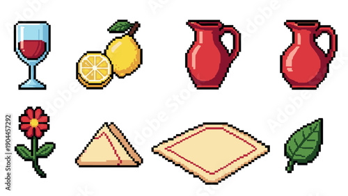 Pixel art wine set with citrus, red jug, and herbs