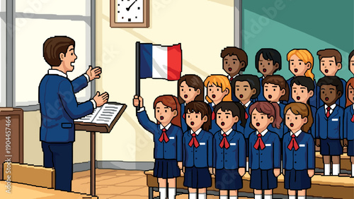 Pixel Art School choir singing with teacher and french flag in classroom pixel art