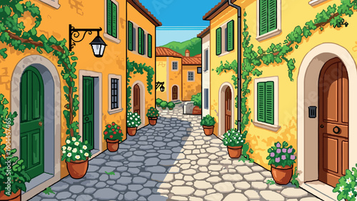 Pixel Art Charming italian village street with colorful buildings and lush vines