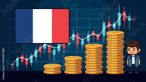 Pixel art financial growth in france with crypto coin stacks and market trends chart