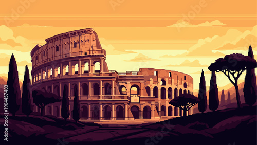 Pixel art colosseum with sunset sky and cypress trees: retro gaming style