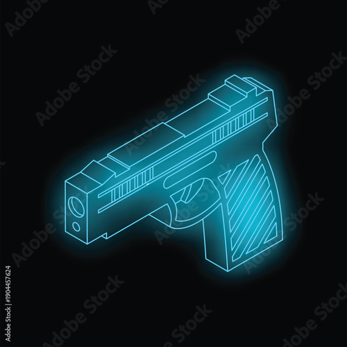 Neon blue glowing contour of a gun floating on a dark background, perfect for topics like crime, violence, etc