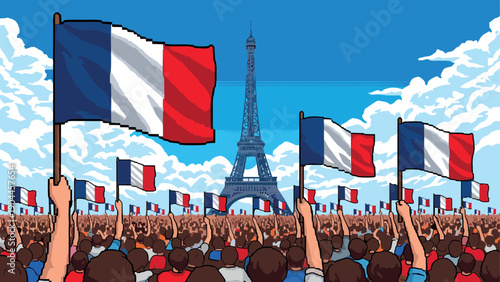 Pixel art celebration in paris with french flags and eiffel tower