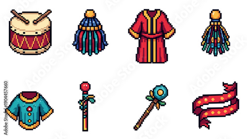 Pixel Art Colorful pixel art fantasy objects collection with medieval accessories