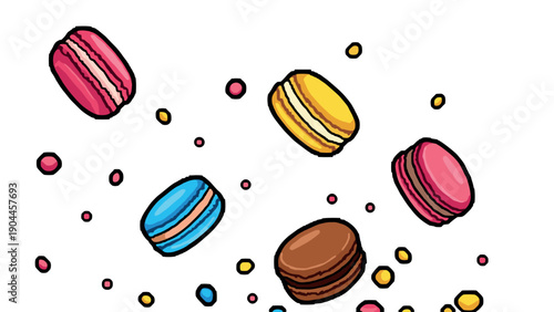 Pixel Art Colorful falling macarons with sprinkles on white background