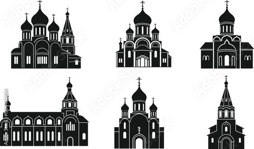 Set of black Orthodox church silhouettes and Russian cathedral icons, religious architecture symbols with onion domes and crosses, Christian building vector illustration, isolated